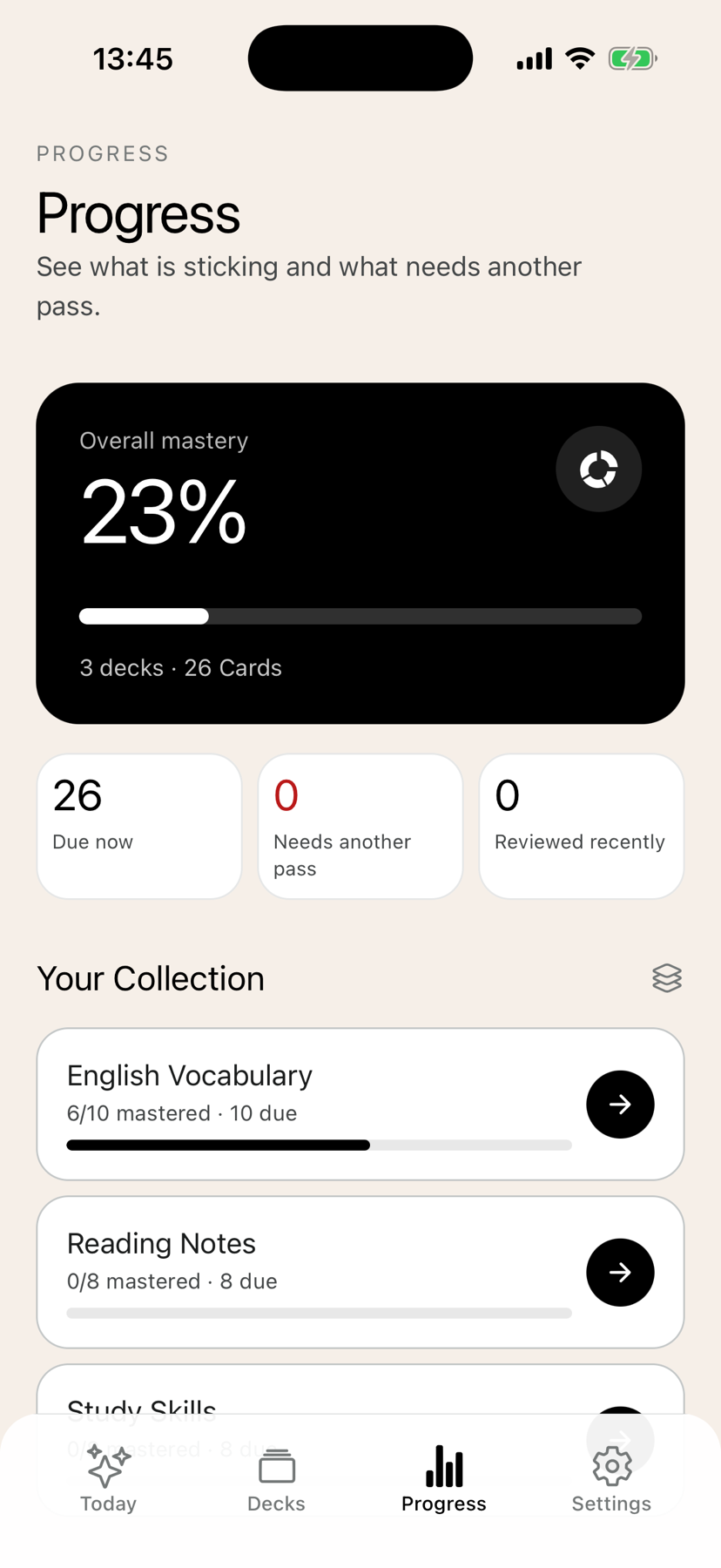 Pokenote progress screen showing overall mastery and deck progress